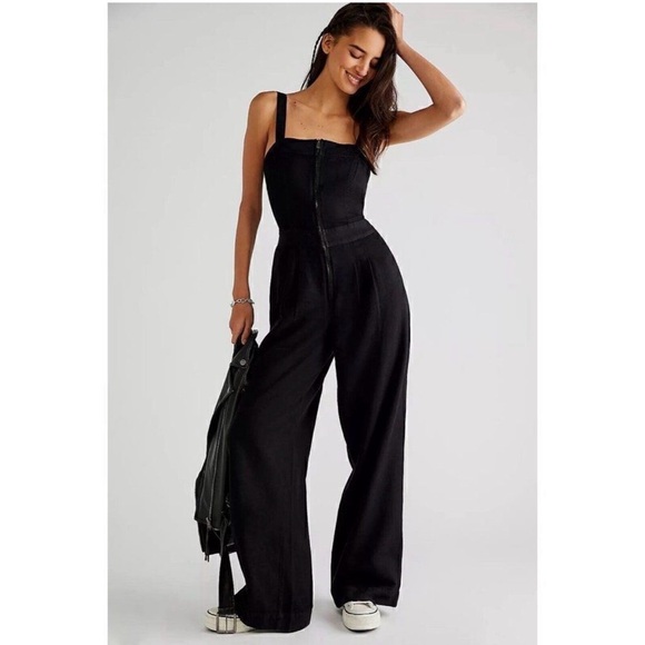 Free People Pants - FREE PEOPLE CALL ON ME ONE PIECE WIDE LEG JUMPSUIT IN BLACK Small